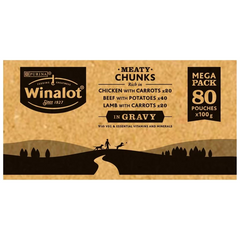 Winalot Meaty Chunks Wet Dog Food | Tender Meat in Gravy | 80x100g Pouches