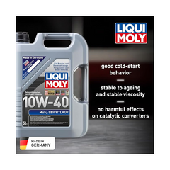 Liqui Moly MoS2 Leichtlauf 10W-40 Engine Oil - 5 Litres | Part-Synthetic with Molybdenum Disulfide | For Petrol & Diesel Engines | ACEA A3/B4, API SL