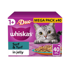 WHISKAS 1+ Adult Wet Cat Food Pouches – Surf & Turf in Jelly (40 × 85g)