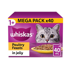 WHISKAS 1+ Adult Wet Cat Food Pouches – Poultry Selection in Jelly (40 × 85g)