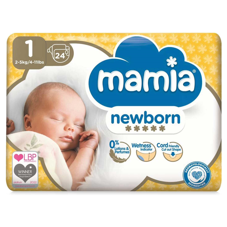 Mamia Size 1 Newborn Nappies – Bulk 144 Pack (6 × 24 Nappies)