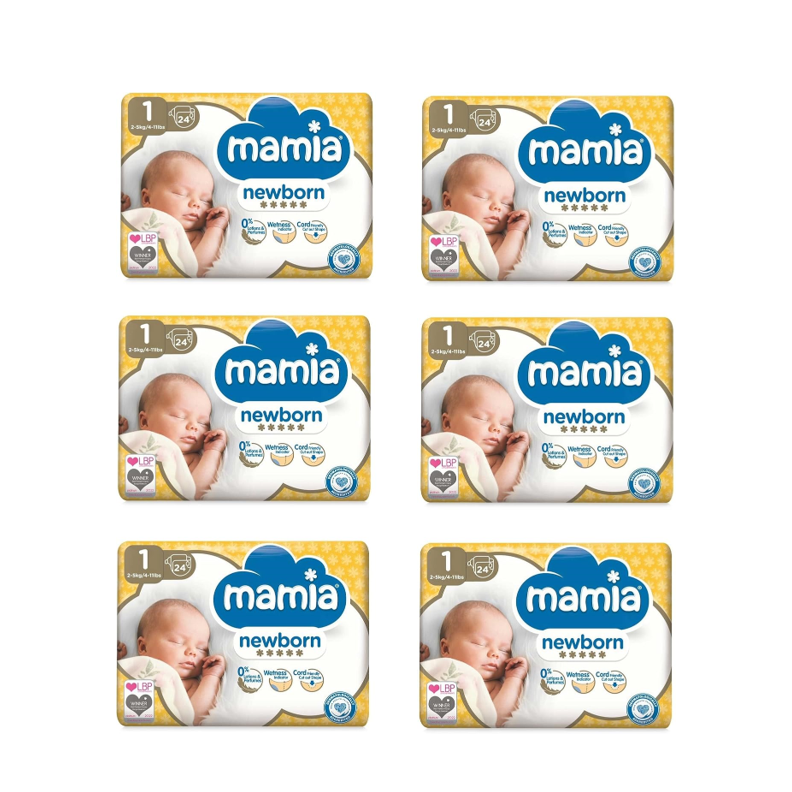 Mamia Size 1 Newborn Nappies – Bulk 144 Pack (6 × 24 Nappies)