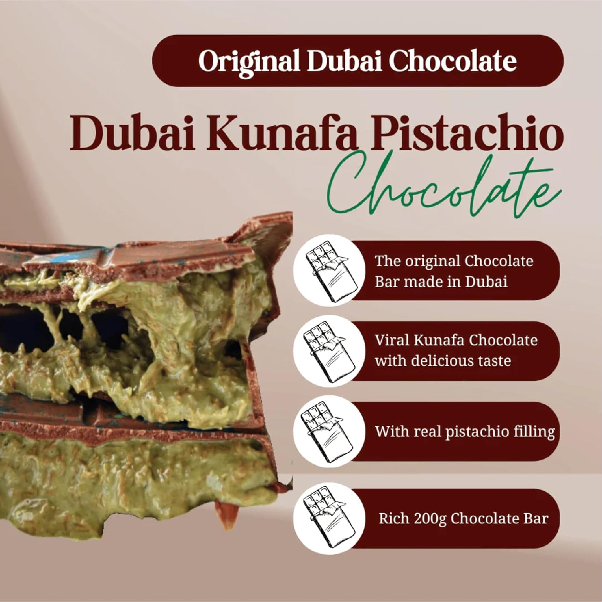 Dubai Chocolate Bar with Kadayif and Pistachio Cream 100g