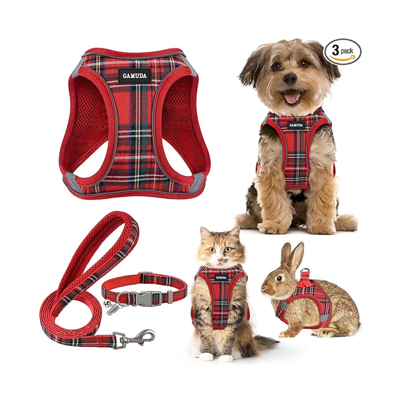GAMUDA Plaid Step-In Dog Harness Set – No Pull Vest with Collar & Leash (Red, Small)