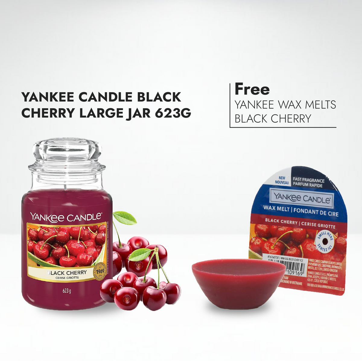 Yankee Scented Candle Black Cherry Large Jar + Free Yankee Wax Melts Black Cherry