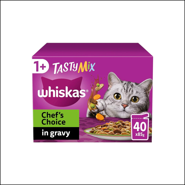 WHISKAS Tasty Mix 1+ Chef’s Choice in Gravy – Adult Cat Food (40 × 85g Pouches)