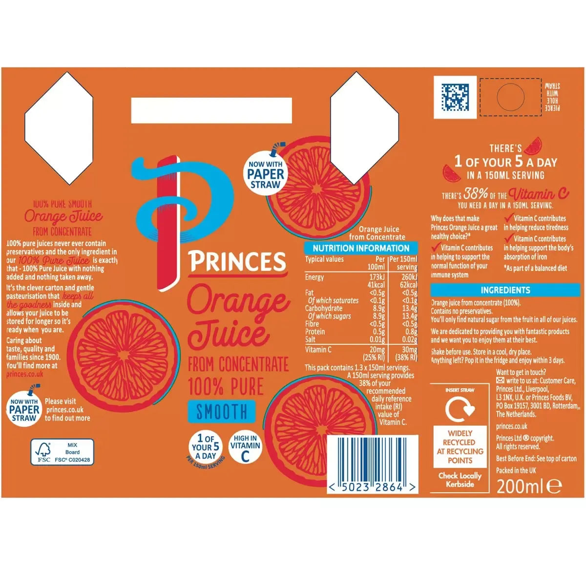 Princes 100 % Pure Orange Juice – 27 × 200 ml | Convenient, Vitamin‑C Rich On-The-Go