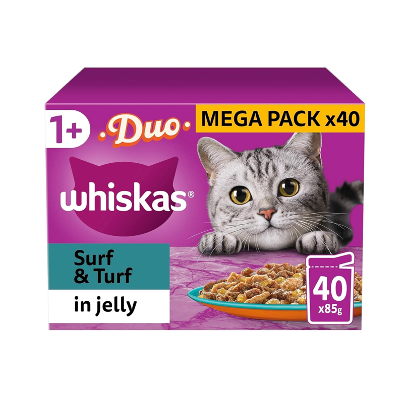 WHISKAS 1+ Adult Wet Cat Food Pouches – Surf & Turf in Jelly (40 × 85g)