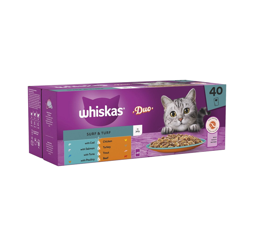 WHISKAS 1+ Adult Wet Cat Food Pouches – Surf & Turf in Jelly (40 × 85g)