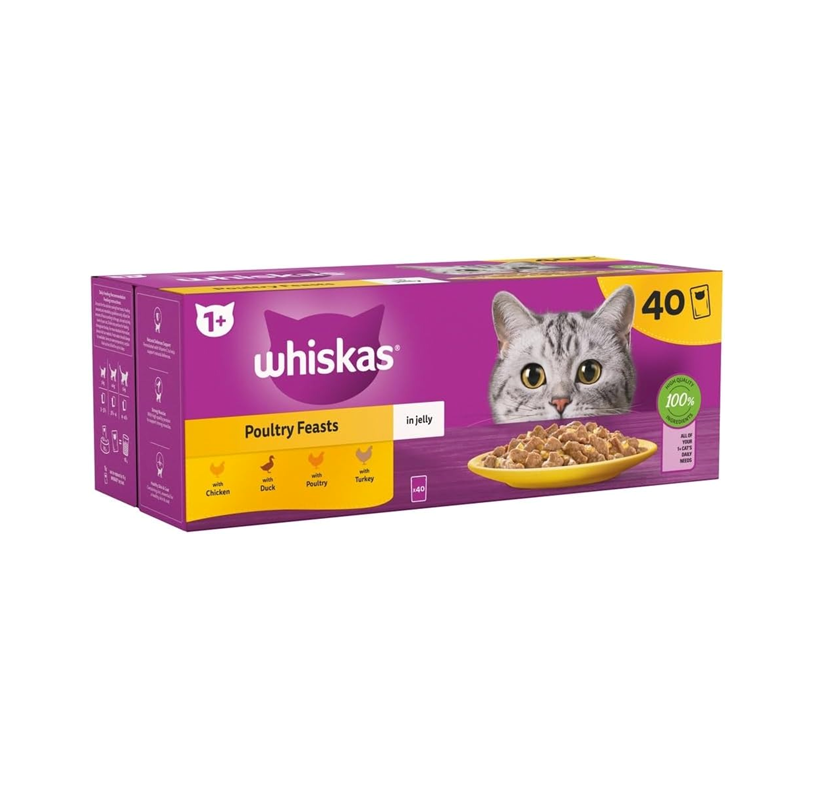 WHISKAS 1+ Adult Wet Cat Food Pouches – Poultry Selection in Jelly (40 × 85g)