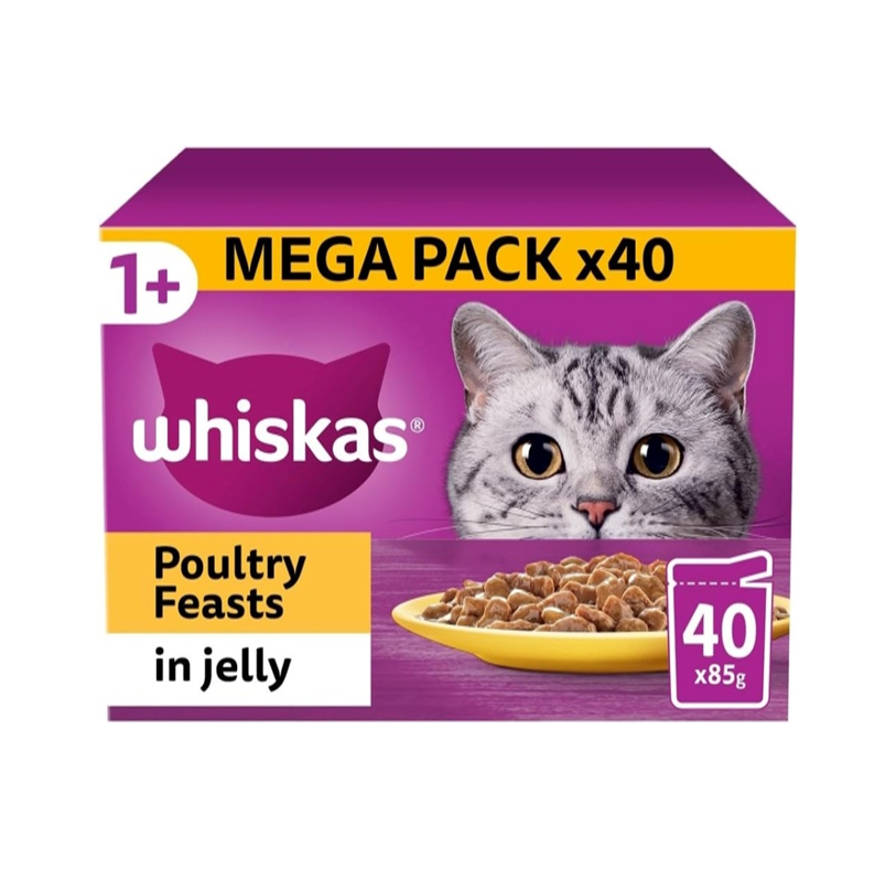 WHISKAS 1+ Adult Wet Cat Food Pouches – Poultry Selection in Jelly (40 × 85g)
